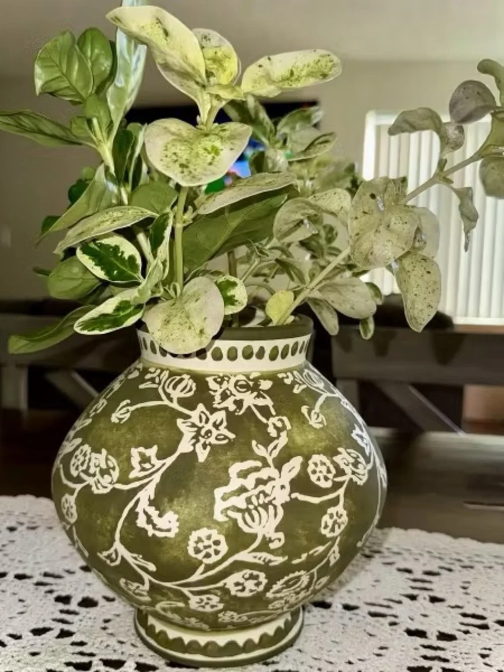 ✨Short Floral Painted Ceramic Vase Green - Threshold™